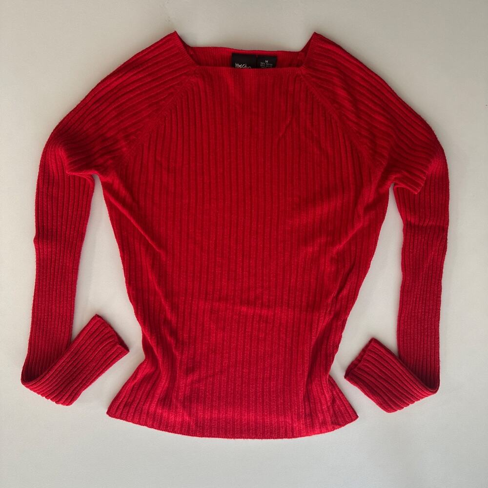 Vintage Mossimo Red Ribbed Knit Top Square Neck Long Sleeve Stretchy Medium Y2K
